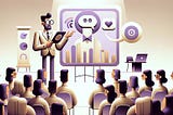 Minimalistic illustration of a tech-savvy teacher with exaggerated glasses and a futuristic outfit, pointing at a digital blackboard displaying a ‘smart plate’ diagram, in front of an abstract audience. The classroom is depicted in beige, violet, and gold, emphasizing a sophisticated yet warm atmospher
