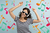 A middle-aged mom dancing with headphones and mirrored sunglasses on, surrounded by colorful musical note graphics