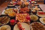 A table covered in food.