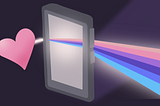 A graphic of a pink heart in front of a cell phone that is serving as a prism from which a light beam refracts.