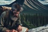 A weathered and weary man with heavy bags under his eyes and a week-old beard sits on a wide, fallen tree on an open slope of a dense boreal forest. With his head lowered, he looks at a tattered notebook open to a map on one page and filled with writing on the other. Ahead of him looms a broad and sinister-looking forested mountain, triangular in shape, with a deep-blue hue.