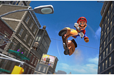 Mario leaping on a scooter (screenshot from Super Mario Odyssey for Nintendo Switch)