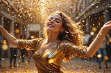 Image shows woman with a golden dress dancing with her arms spread, her head tilted backwards and golden confetti flying around her.