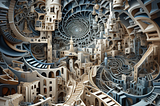 Midjourney image of a  complex, twisted fantasy cityscape