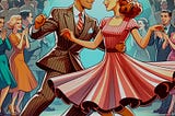A vibrant cartoon of two adults swing dancing at a party, captured in a dynamic pose with festive surroundings and a lively atmosphere.