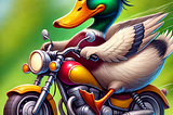 A mallard on a motorbike