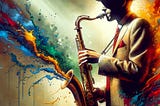 Artistic rendering of Miles Davis playing saxophone, with colored paint emerging.