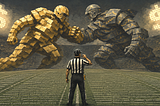 A lone football referee stands at midfield, whistle raised, facing two colossal figures — one built from gold bars, the other from financial charts — colliding beneath dollar-sign stadium lights. Fine-print legal text covers the field in place of yard lines.