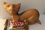 Author’s photo of yellow wooden cat with a candy Twix bar sitting next to it