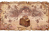 Uma ilustração de estilo Art Nouveau e Steampunk sobre um pergaminho antigo, com bordas carcomidas e rasgadas, centralizada em um fundo branco puro. No centro, uma torradeira dourada detalhada com ornamentos traz a inscrição “Inteligência Artificial”. Da torradeira, saltam duas fatias de pão envoltas em uma explosão criativa de pequenos robôs.