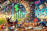 Farmers are engulfed in a storm of debt papers, contracts, and bills swirling around them like a tornado. They desperately try to plant seeds in dry, cracked soil. Above, an exaggerated CEO watches the chaos through a telescope from a luxury office, laughing as neon dollar signs light up. In the sky, a bar graph shows that small farmers produce 70% of the world’s food but are the most vulnerable to debt and climate change.