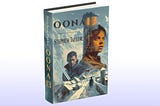3D-rendered book cover of “Oona 13” by Stephen Taylor, featuring a snowy mountain village, a mysterious woman, and a man holding a sword.
