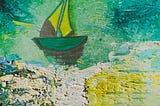texture art/acrylic blend on canvas — seascape with a small floating boat with predominant yellow and green shades