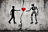 Black and white street art on a weathered concrete wall showing a silhouette of a person on the left and a mechanical robot on the right, separated by a crack in the wall with a broken red heart in the middle. Both figures are reaching toward the heart, creating a powerful metaphor about the relationship between humans and artificial intelligence.