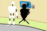 Diorama of a Robot looking at a Human looking at a Caveman on a Computer Screen
