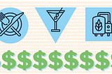 dark blue outline of plate with fork and knife over a light blue circle next to dark blue outline of a martini over a light blue triangle next to dark blue outline of a brew kettle with hops over a light blue square with large green dollar signs underneath and a background made of orange zeros and ones to represent restaurant, bar, and brewery data