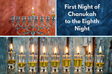 One candle lit for the first night of Chanukah with the extra helper candle, eight candles lit with the helper candle.