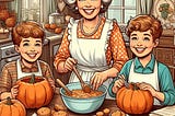 a vector drawing of a happy 1940s mama and two jolly 10-year-old boys baking lots of pumpkin treats in a homey kitche
