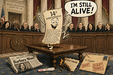 The SCENE is inside the Supreme Court. A happy animated looking copy of the 14th Amendment with a speech bubble above it yelling “I'M STILL ALIVE!” dancing on a table. Newspaper with the headline “Barbara Won!” is on the floor. A piece of paper partially burned titled ”UTIVE ORDER” is laying next to the newspaper. A pregnancy test is on the floor underneath the table. An envelope addressed “To Congress” saying “URGENT” STAMPED in RED “START TODAY!”