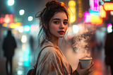 A young woman holding a steaming cup of coffee, surrounded by vibrant city lights, symbolizing the calm and clarity found when overthinking fades.