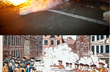 A picture containing two separate images. At the top, a photo of police firing teargas into a Black Lives Matter protest in Portland, Oregon in July of 2020. At the bottom, the famous Paul Revere painting of the Boston Massacre in 1770 depicting British regulars firing into a crowd of people, leaving some bleeding and/or dead in the street.