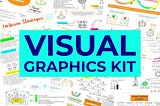 A collage of visual sketches with teh words “Visual Graphic Kit” in navy on top of a turquoise block of colour