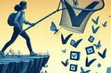 A swarm of checkboxes with wings are making themselves hard to catch. A young woman is trying to catch one checkbox using a butterfly net. The woman carrying the net is about to step off a cliff!