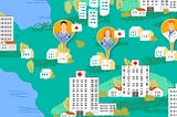Cartoon from Airbnb showing hospitals on a map.