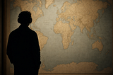 A silhouetted man wearing headphones stands in front of and looks at a wall map of the entire world.
