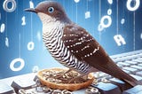 A hyper-realistic illustration of a cuckoo bird sitting on a computer keyboard, with ones and zeros floating in the air, symbolizing cuckoo hashing.