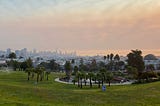 Smokey skies over San Francisco seen from Dolores Park on August 19, 2020