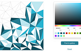 Square composed of 100+ triangles, partly colored in shades of teal beside a color selector tool with a hue slider and 15 swatches of colors.