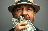 A man in a hat, placing dollar bills in his mouth