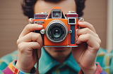 A person taking a picture with a retro camera.