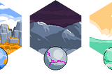 Artwork depicting three planets with varying landscapes; an overgrown rocky landscape, a dark mountain range, and an ocean world.