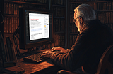 A serious scholar in a dark study is writing on a modern computer