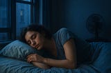 A woman sleeps peacefully in dim blue light beside a window, a fan faintly visible in the background.