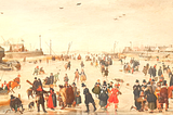 In a wide rectangular painting, a colorful winter scene is shown. The view is of a frozen canal, with seven dark birds in an off-white sky, and small buildings as well as frozen ships and rowboats in the middle distance. Standing on the ice of the frozen canal, both some distance away from the viewer, and in the foreground, there are several dozen individual people. They are mostly very well-dressed people, with capes and hats. Some are riding, driving, or pushing small sleighs and sleds.