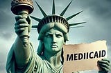 Statue of Liberty holding up a sign that says “Medicaid”