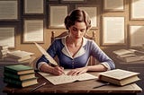 Illustrated image of a young woman writing with a feather pen on parchment with framed pages hanging on the wall and a small stack of books at her side.