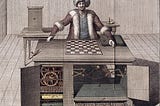 Drawing of a manequin behind a chess board. Below the chessboard is a cabinet with its doors and drawers open and some gears visible.