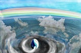 An egg shaped object floats in the middle of a spiral of translucent smoke and clouds over stars, under a rainbow and an iridescent blue sky