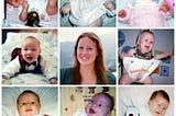 Photos of eight happy babies surround a central photo of the author in her youth.