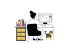 A drawing from behind of a girl sitting at a desk working on a computer and a dog sitting on her right side.