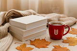 Cozy autumn reading scene with secondhand books and tea.