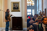 Left: An often-republished photo of a January 6 rioter standing in the Capitol Building, holding a large confederate flag. Right: Rep. Justin Jones (D-Nashville) burns a paper replica of a Confederate flag as he walks through a state Capitol hallway on May 7, 2026.