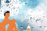 Cartoon illustration of a person happily showering with water droplets on glass, shampoo bottles visible, highlighting the article’s focus on shower water pressure regulations.