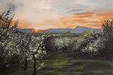 Oil painting of an orchard at sunset