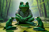 Chester, Eli, and Marcus as frogs on lily pads in a lush green forest setting. Chester is depicted as a large and authoritative frog, while Eli and Marcus are shown as equals, enhancing the scene with a sense of camaraderie and natural beauty.