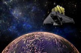 Artist depiction of James Webb Space Telescope above a planet
